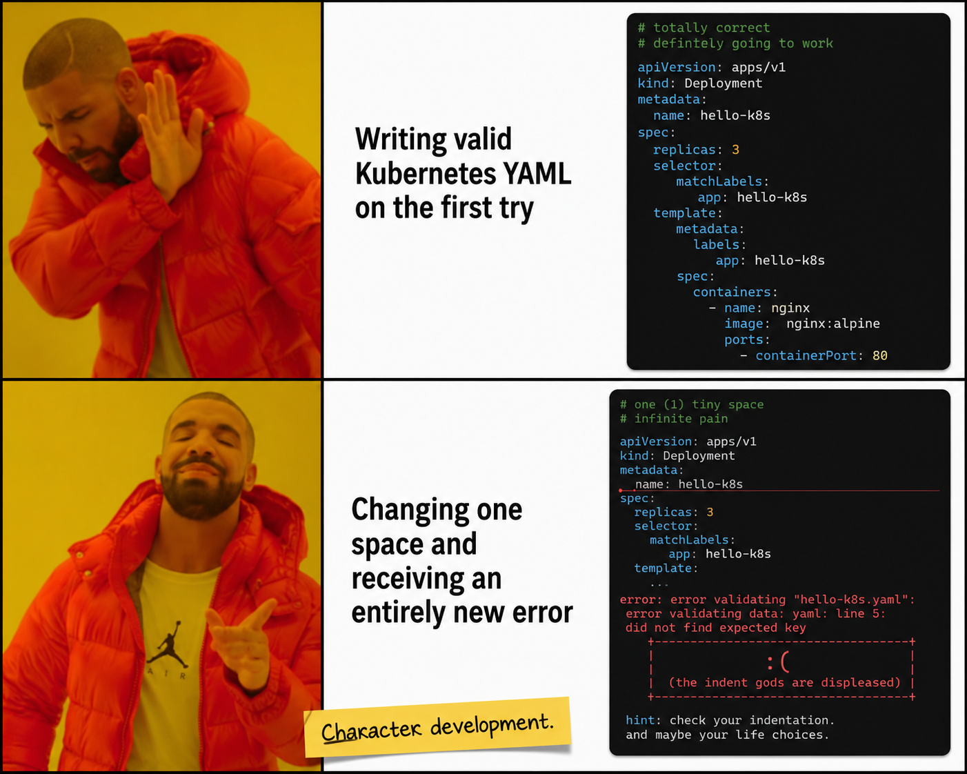 Meme about YAML indentation causing a new Kubernetes validation error.