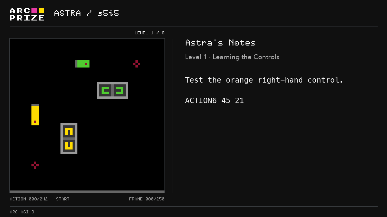 Astra playing an ARC-AGI-3 environment while recording its own symbolic notation